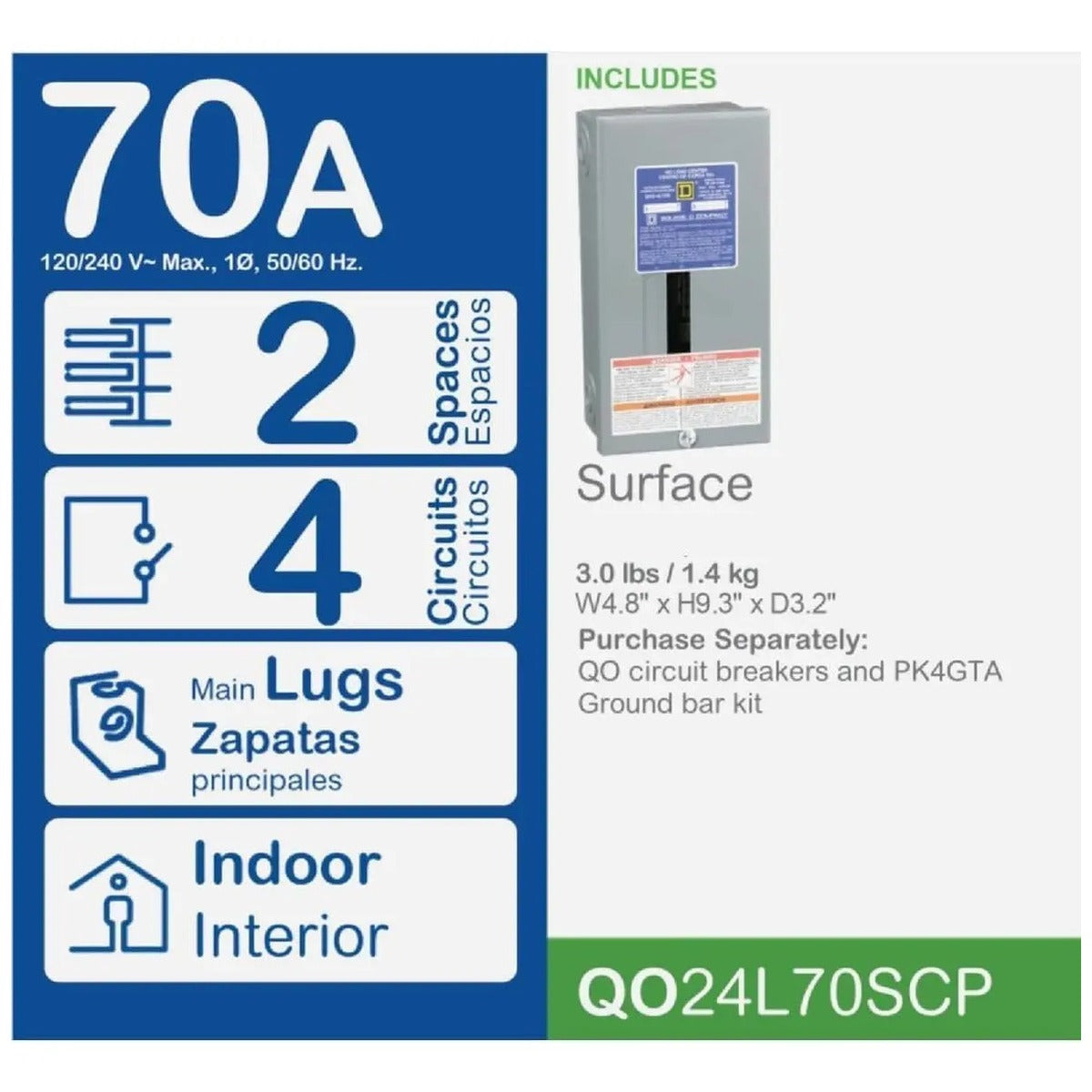 Centro De Carga Qo24l70scp 70a 2 Espacios 4 Circuitos