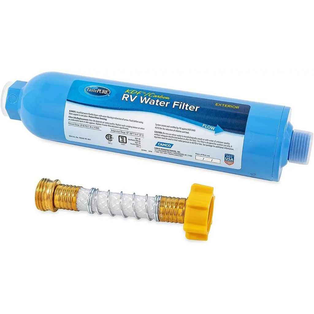 Filtro Agua Camco TastePURE Con Protector Manguera Para Camper RV Azul