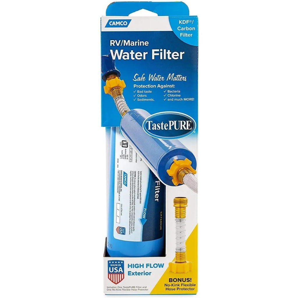 Filtro Agua Camco TastePURE Con Protector Manguera Para Camper RV Azul