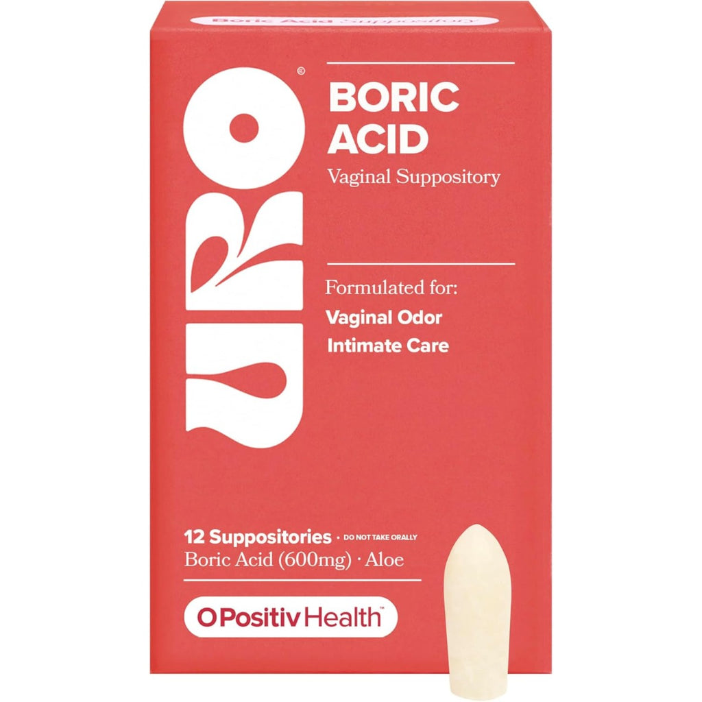 O Positiv Supositorio vaginal de ácido bórico URO: con ácido láctico y aloe para un alivio rápido y control del olor vaginal. Vegano, sin parabenos, colorantes ni fragancias.