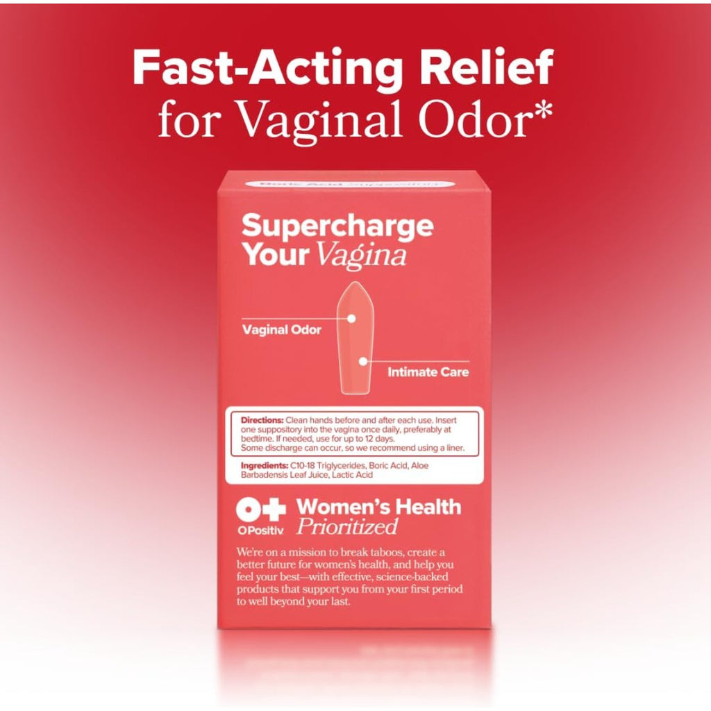 O Positiv Supositorio vaginal de ácido bórico URO: con ácido láctico y aloe para un alivio rápido y control del olor vaginal. Vegano, sin parabenos, colorantes ni fragancias.