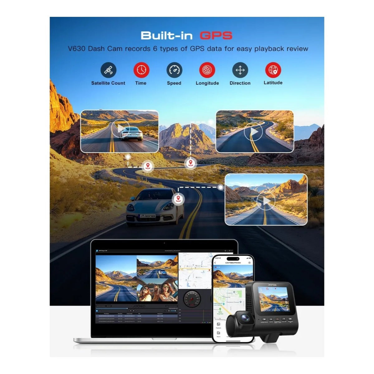 Camara Dash 4k 3 Canales Wifi Y 64gb