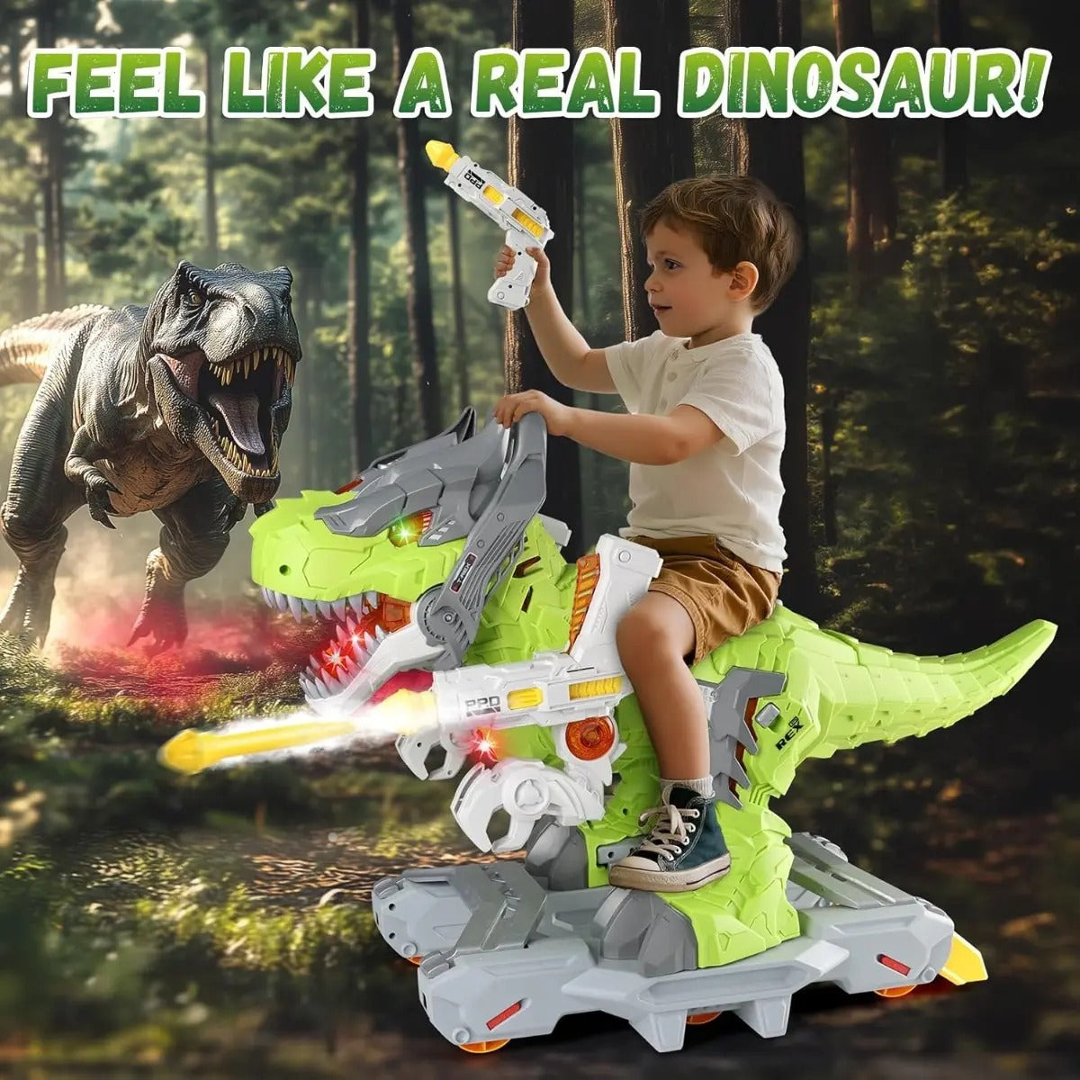 Carro Eléctrico Dinosaurio Niños Juguete Música Luces Humo
