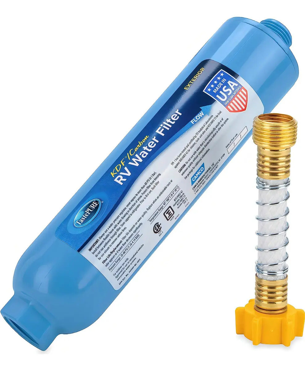 Filtro Agua Camco TastePURE Con Protector Manguera Para Camper RV Azul